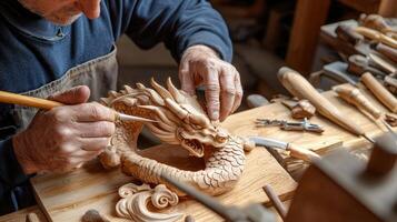 A man is carving a dragon on a wooden block photo