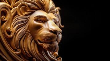 A carved wooden lion head on a black background photo