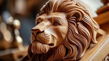 A close up of a wooden lion head photo