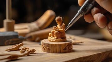 A person is working on a small statue of a buddha photo