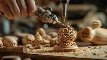 A person is using a drill to make wooden sculptures photo