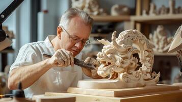 A man is working on a carving of a dragon photo