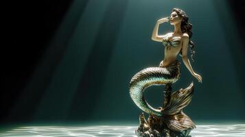 A mermaid statue is sitting on a rock photo