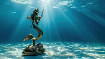 A statue of a mermaid is underwater photo