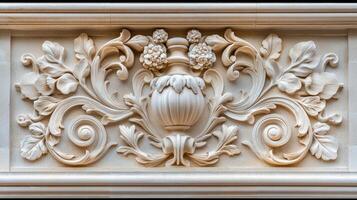 A decorative carving on a wall with flowers and leaves photo