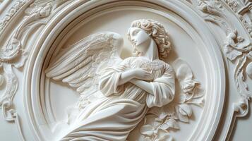 A white marble angel is in the middle of a circular wall photo