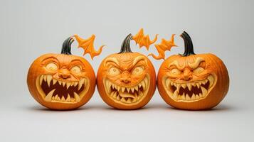 Three carved pumpkins with faces and teeth photo