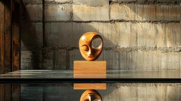 A wooden sculpture of a face on a wooden block photo