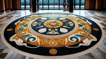 A large circular rug in a room photo