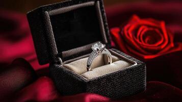 A diamond engagement ring sits in a box with a red rose photo
