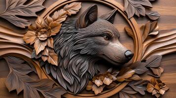 A wooden sculpture of a wolf surrounded by flowers photo