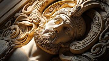 A close up of a carved head with a beard photo