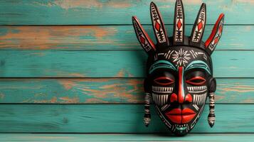 African mask on wooden background photo