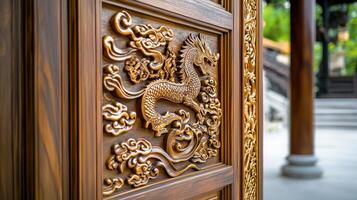 A wooden door with a dragon on it photo