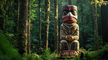A totem pole in the forest with green trees photo