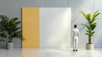 A man standing in front of a large white wall photo