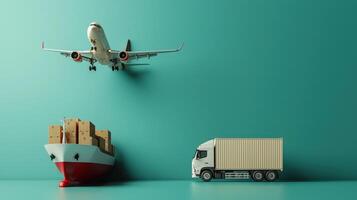 An airplane is flying over a cargo container and a truck photo