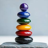 A stack of colorful stones on top of a stone slab photo
