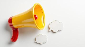 Yellow megaphone with speech bubbles on white background 3d render stock photo