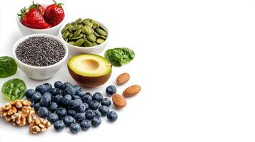Various fruits and vegetables are arranged in bowls photo