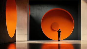 A person standing in front of a large orange circle photo