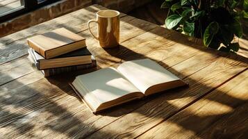 Books and coffee on a wooden table photo