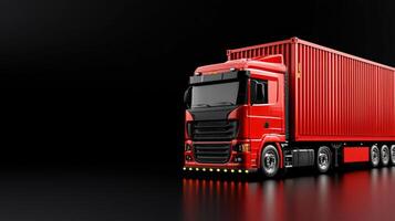 A red truck is shown on a black background photo
