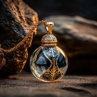 A glass ball with a gold chain on it photo