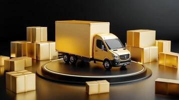 A golden truck is surrounded by boxes photo