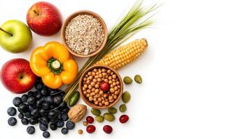 A variety of fruits and vegetables are arranged in bowls photo