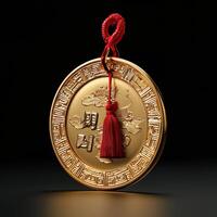 Gold coin with red tassel on black background photo