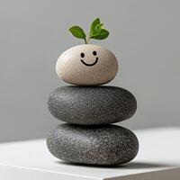 A stack of rocks with a smiling face on top photo