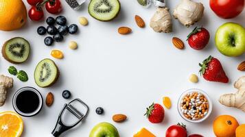 A circle of fruits and vegetables arranged around a white background photo