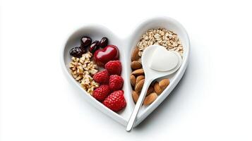 Heart shaped breakfast bowl with berries and nuts photo