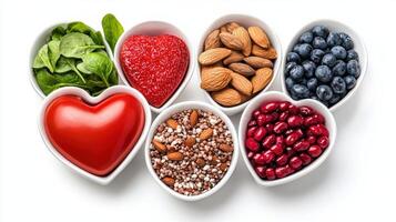 A variety of foods including spinach, berries, nuts, and a heart photo