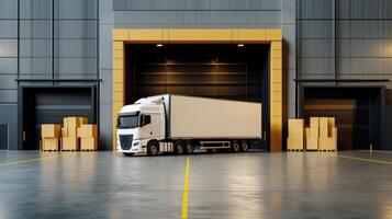 A white truck is parked in front of a large warehouse photo