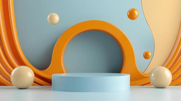 3d rendering of a podium with orange and blue eggs photo