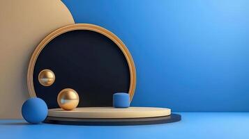 3d render of a round mirror and two gold balls photo