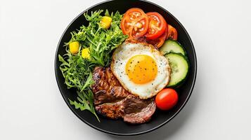 A plate with a steak, egg and vegetables photo