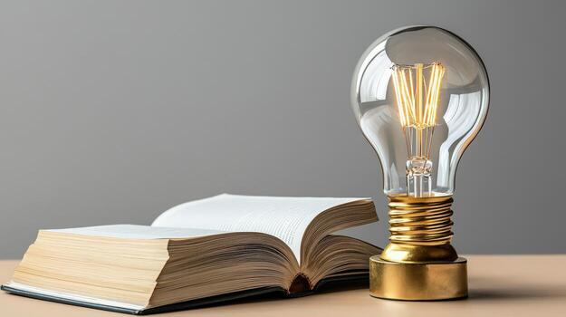 A light bulb is sitting on top of an open book photo