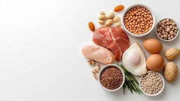 Protein foods on white background photo