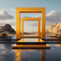 Golden gate in desert with sky background 3d render photo