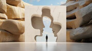 A man standing in front of a large rock with a face on it photo