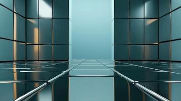 A room with a blue floor and glass walls photo