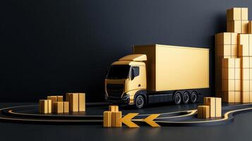3d rendering of a truck with boxes on a black background photo