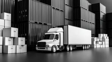 A truck is parked in front of a large container photo