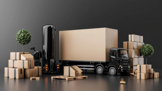 3d rendering of a truck with boxes and trees photo