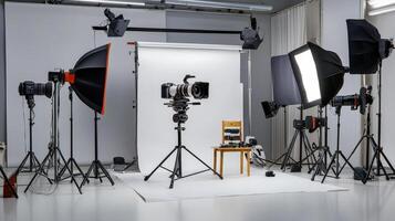 A photo studio with lighting equipment and a chair