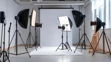 Photo studio with lighting equipment and white backdrop