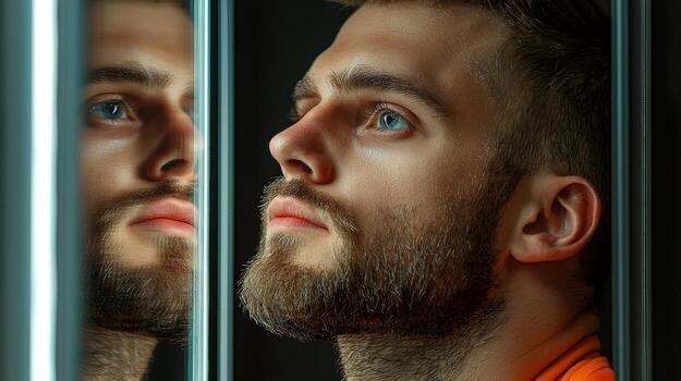 A man looking through a window at himself photo